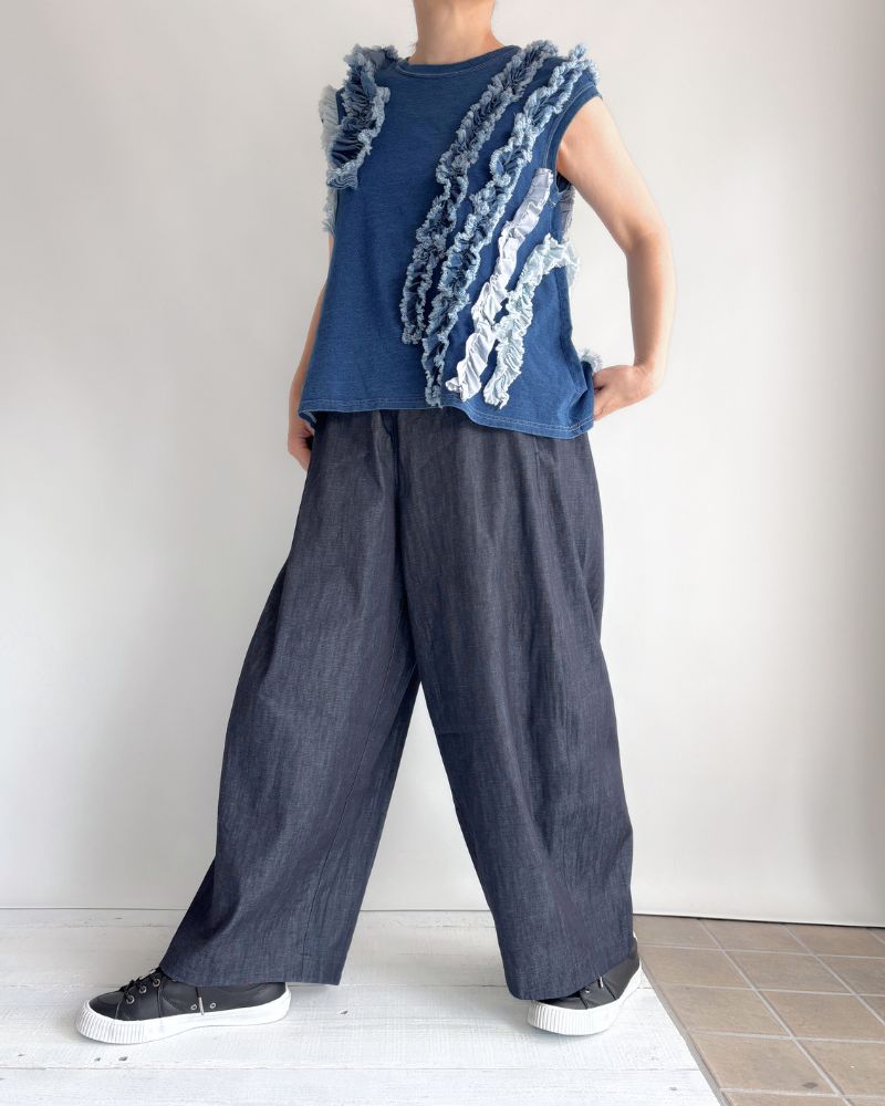 Vintage Cotton Jersey Frill Sleeveless Tee in Navy