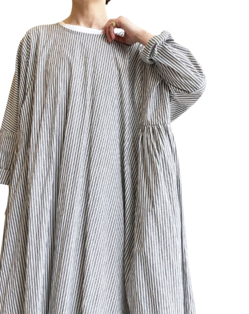 Gathered Dress in Stripe-B