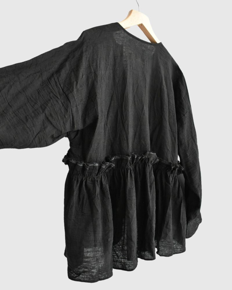 Linen Gathered Ribbon Coverall in Black