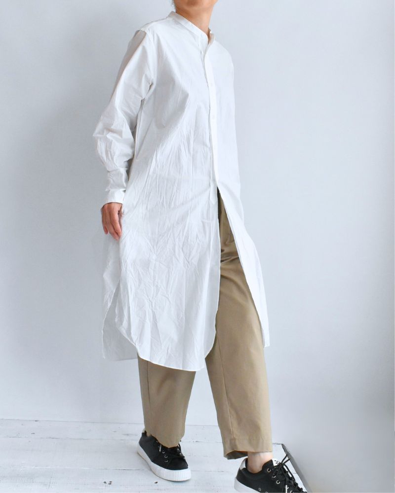 Typewriter Band Collar Shirt Dress in White