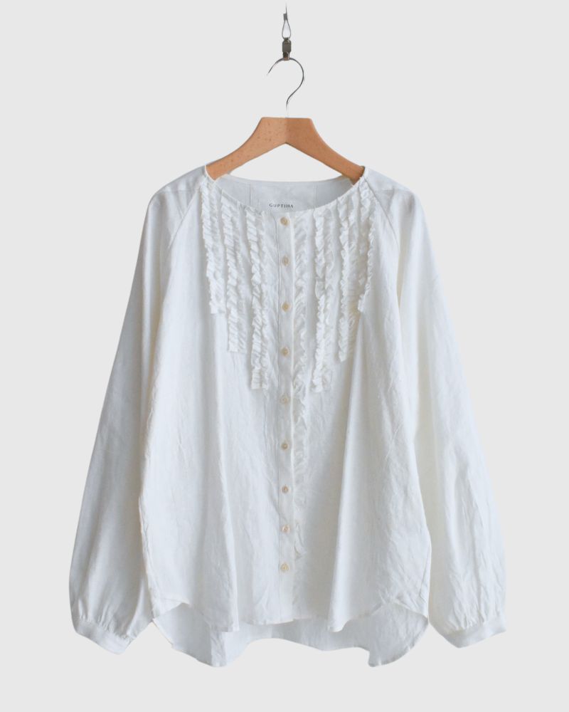 Cotton linen frill blouse in OffWhite