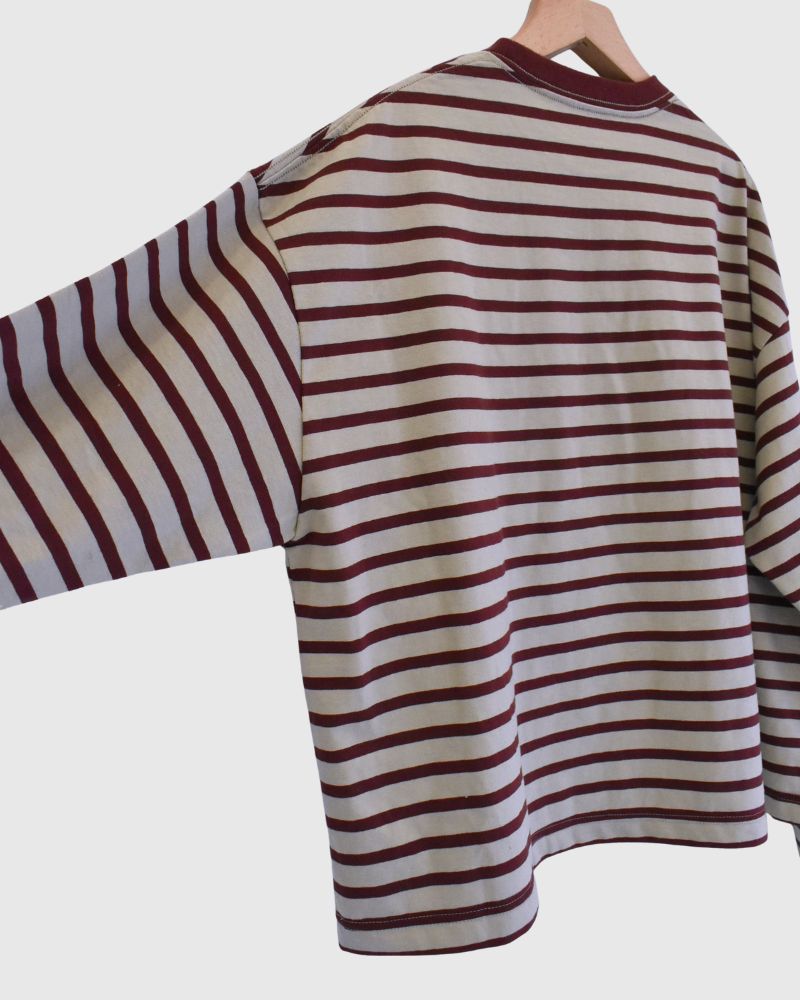 Taco Cotton Striped Long Sleeve T-Shirt in Beige/Bordeaux
