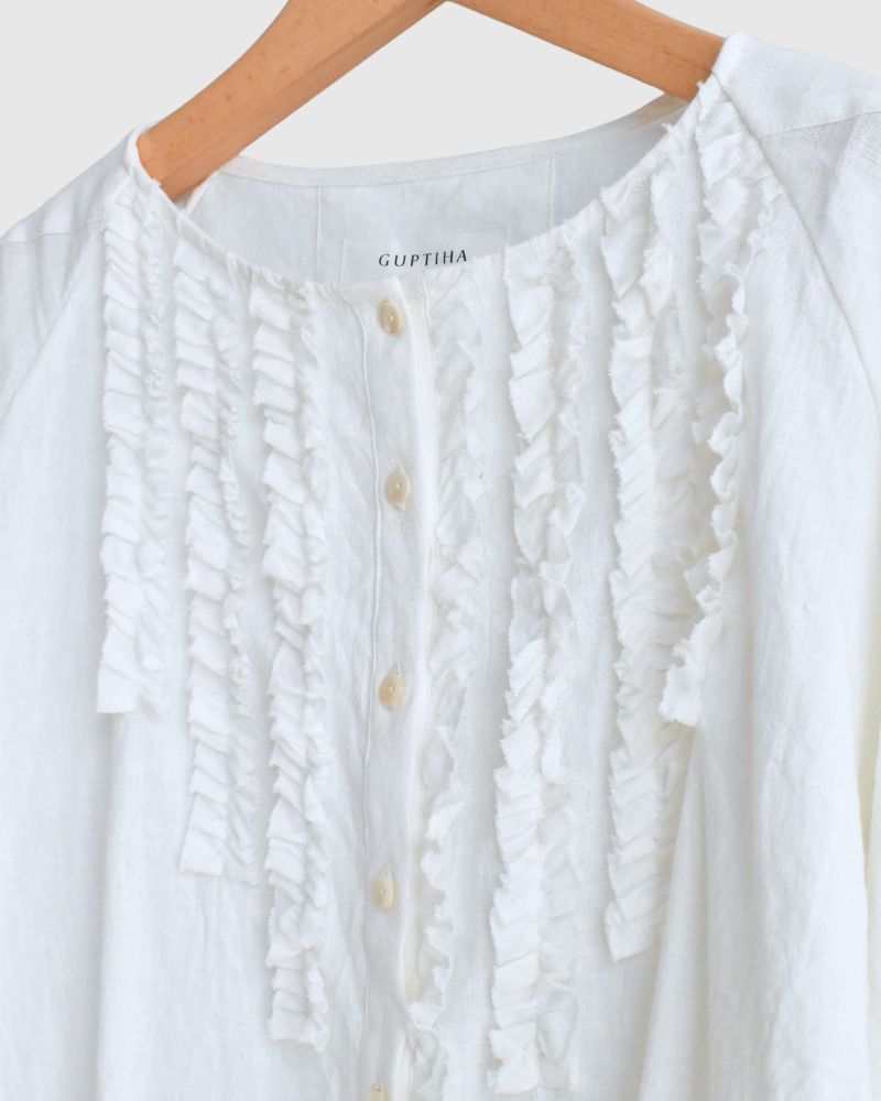 Cotton linen frill blouse in OffWhite