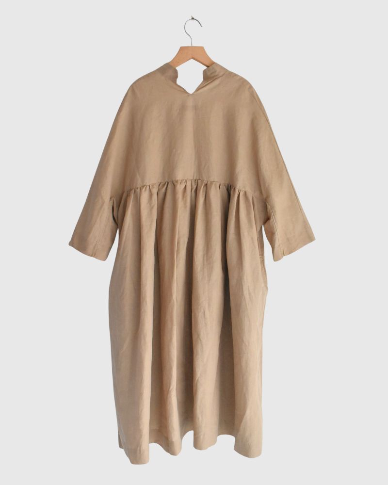 Linen cotton gathered dress in Beige