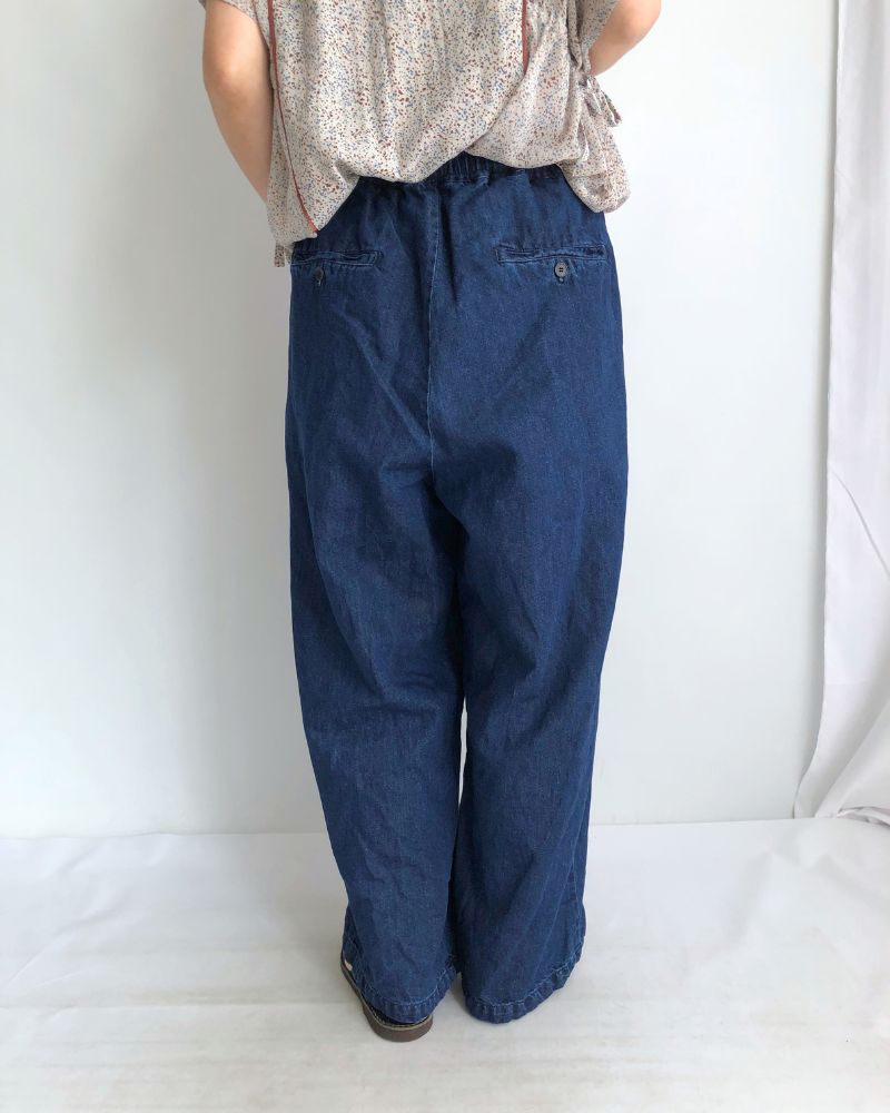 Cotton Linen Denim Tuck Pants in Stone Wash