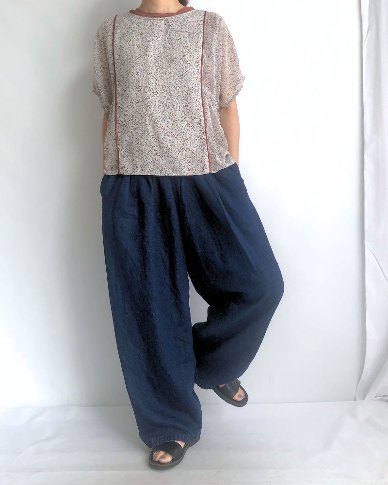 Cotton Linen Denim Tuck Pants in Stone Wash