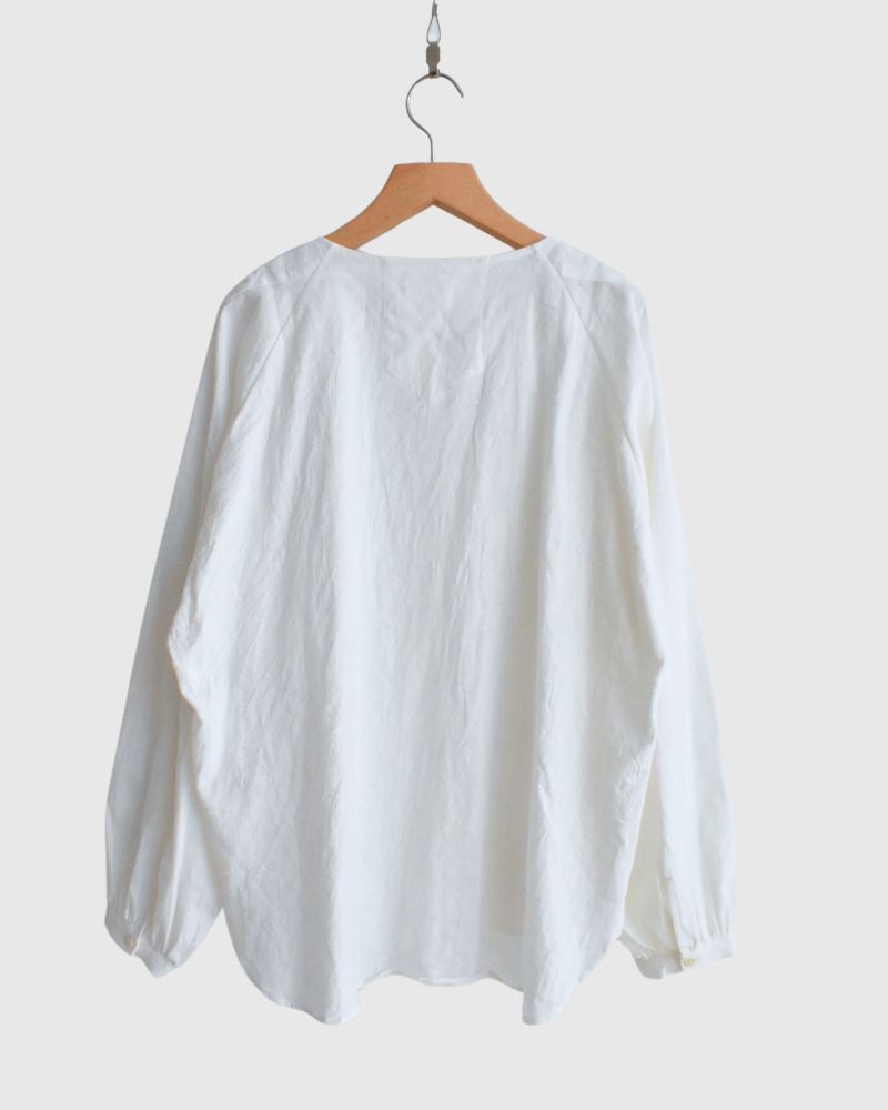 Cotton linen frill blouse in OffWhite