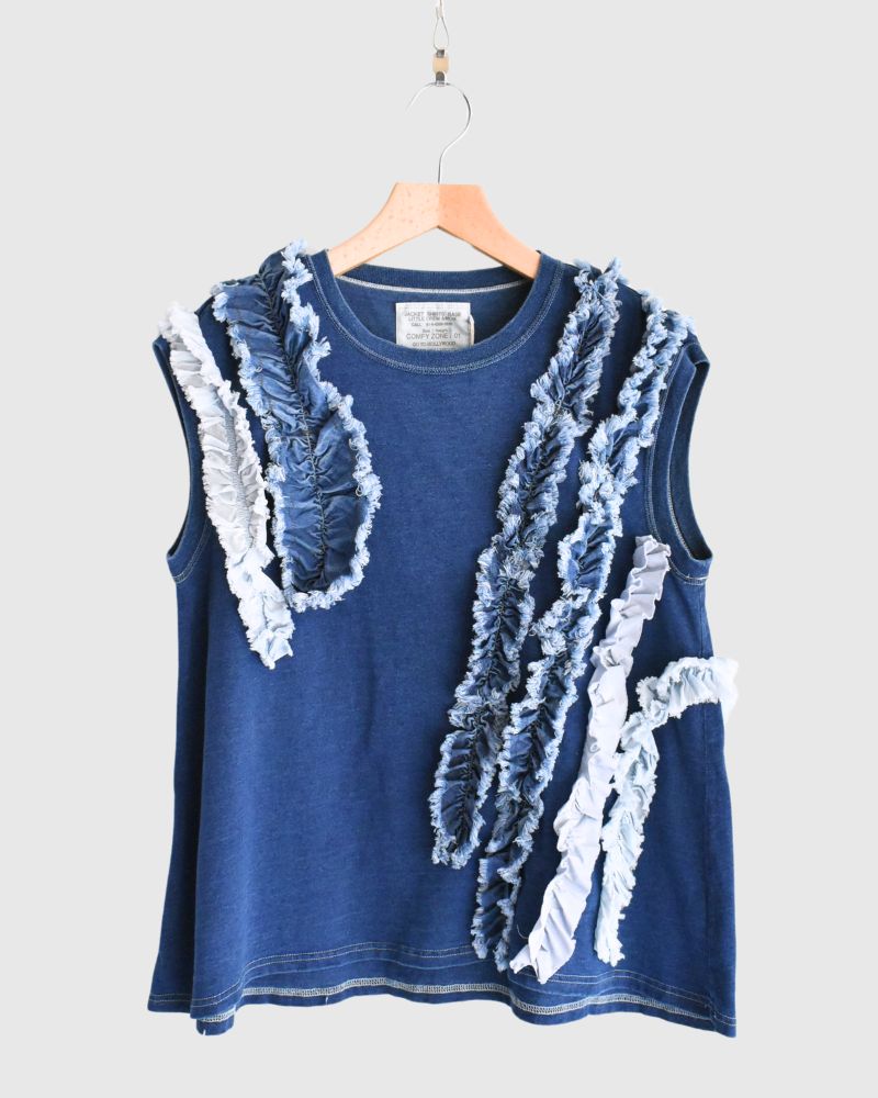 Vintage Cotton Jersey Frill Sleeveless Tee in Navy