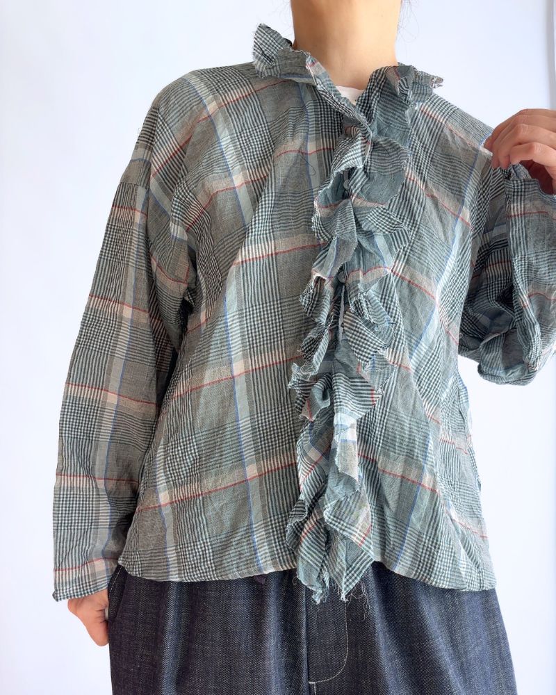 Check frill trim blouse in Blue Check frill trim blouse in Blue