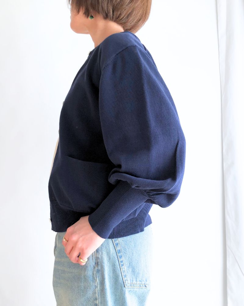 Gathered sleeve knit cardigan in Navy