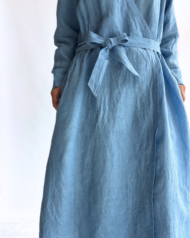 Indigo Linen Cache-Coeur Dress in LightBlue