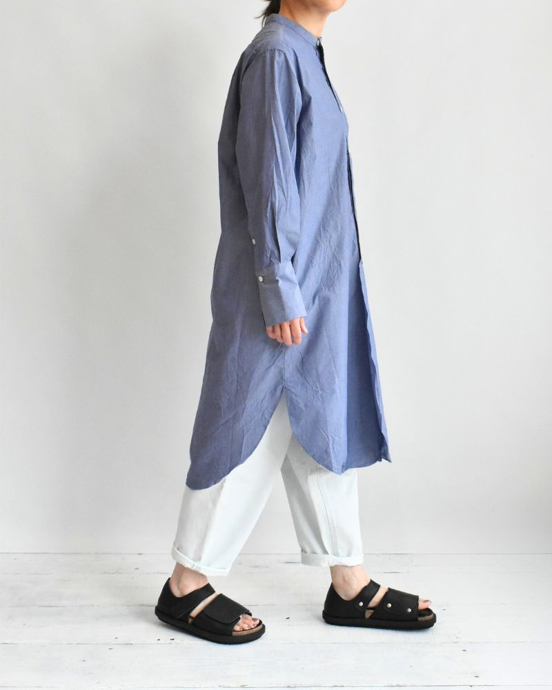 Typewriter Band Collar Shirt Dress in Navy