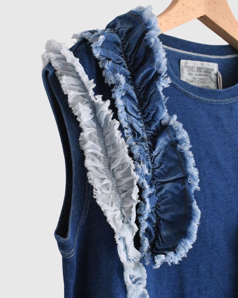 Vintage Cotton Jersey Frill Sleeveless Tee in Navy