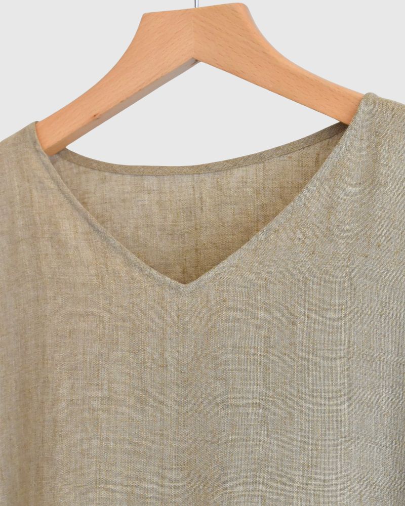 V-neck A-line dress (LINEN) in Beige