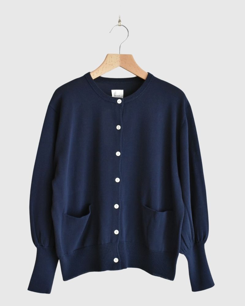 Gathered sleeve knit cardigan in Navy