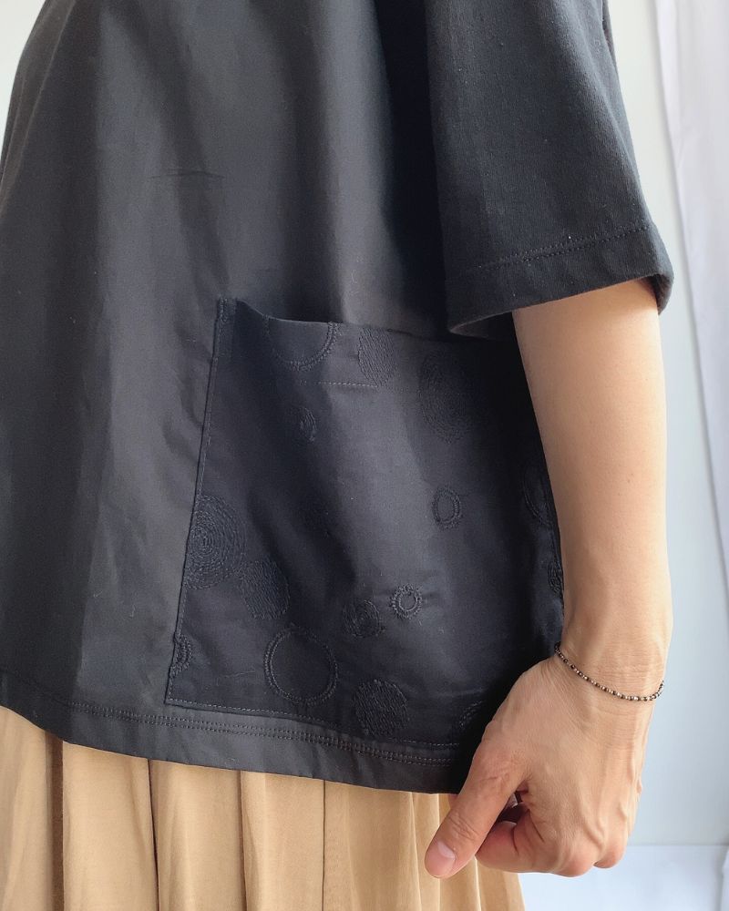 Embroidered Pocket Blouse Tee in Black