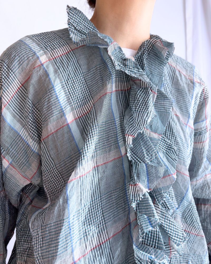 Check frill trim blouse in Blue