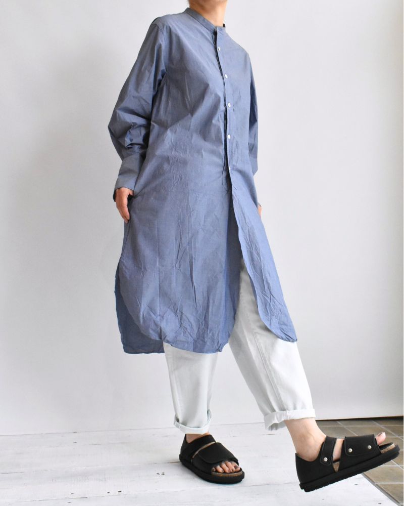 Typewriter Band Collar Shirt Dress in Navy