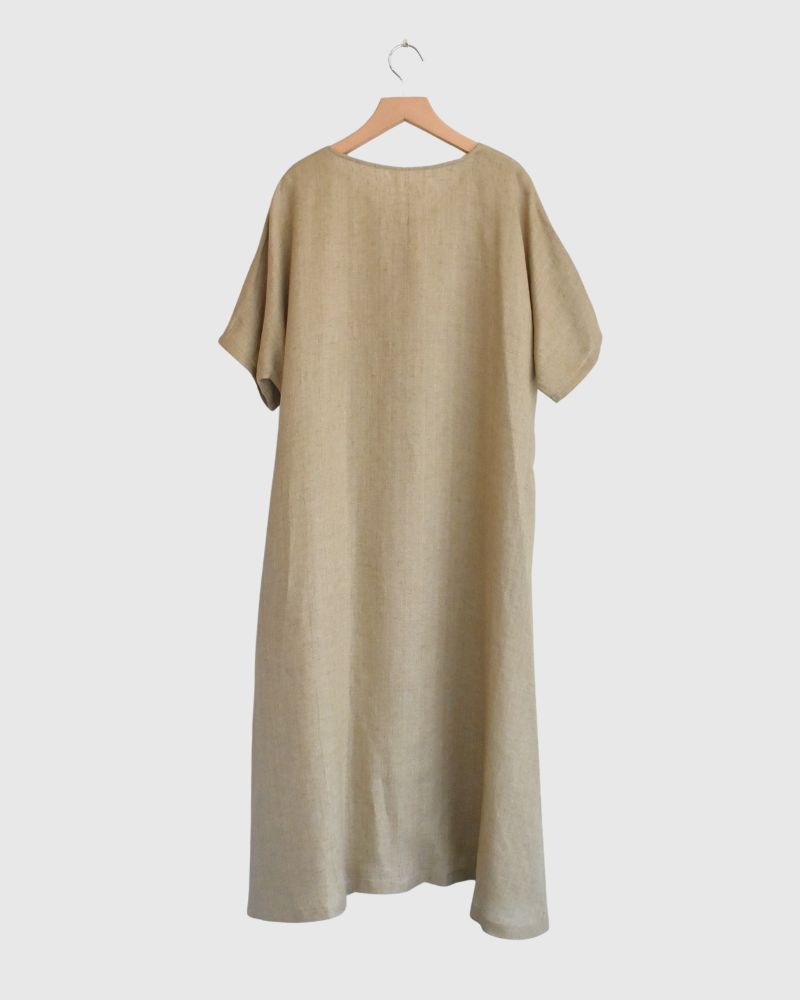 V-neck A-line dress (LINEN) in Beige