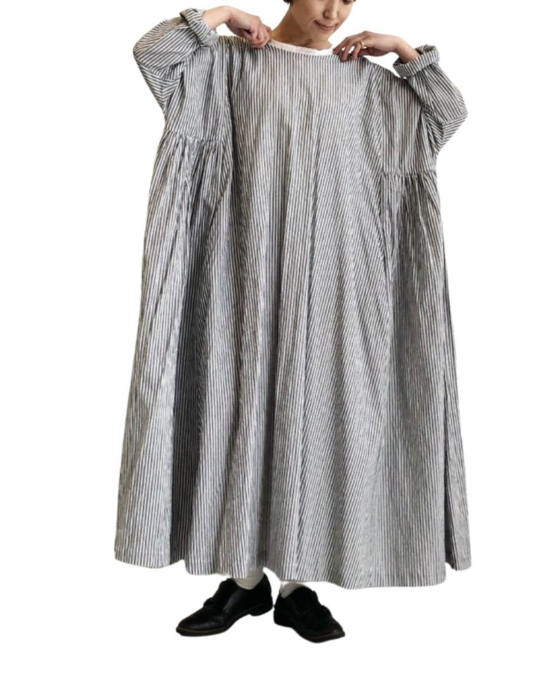 Gathered Dress in Stripe-B