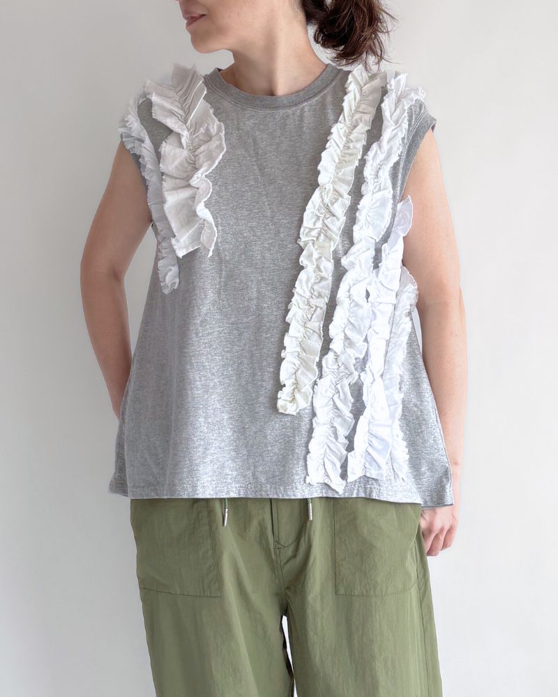 Vintage Cotton Jersey Frill Sleeveless Tee in Gray Vintage Cotton Jersey Frill Sleeveless Tee in Gray