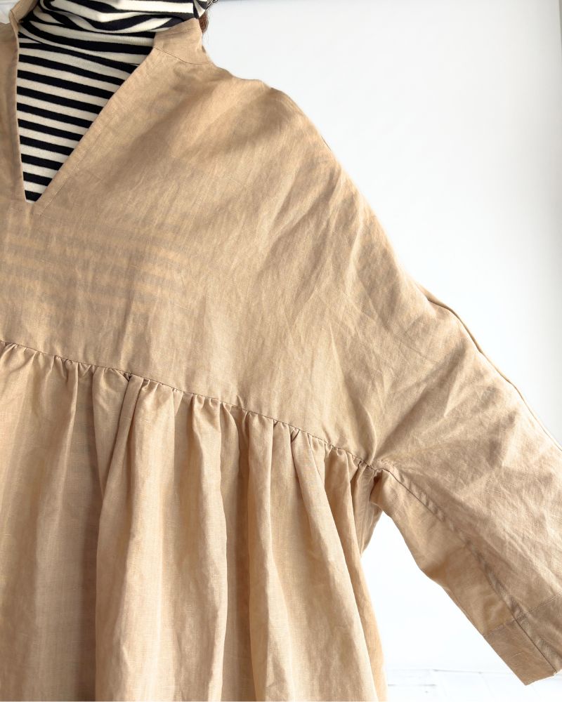 Linen cotton gathered dress in Beige
