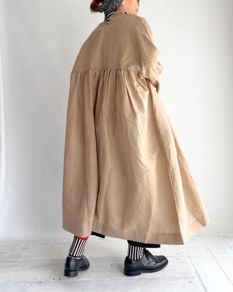 Linen cotton gathered dress in Beige