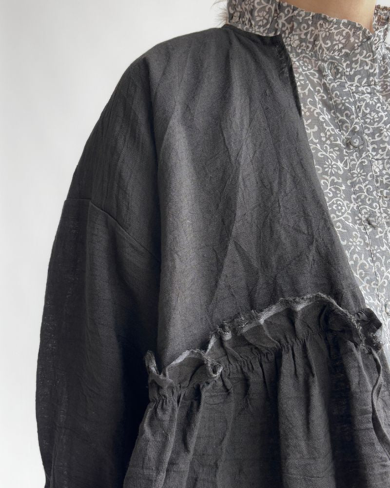 Linen Gathered Ribbon Coverall in Black