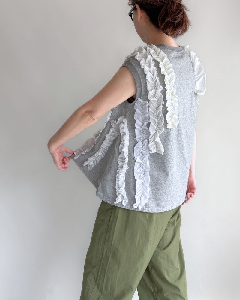 Vintage Cotton Jersey Frill Sleeveless Tee in Gray