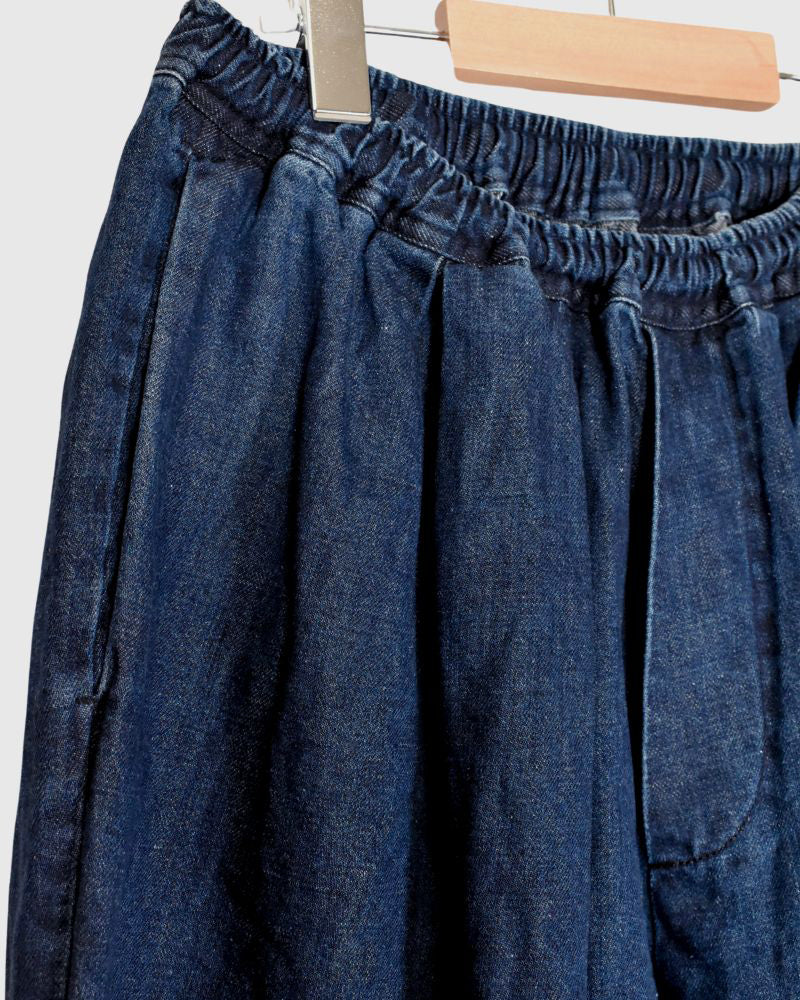 Cotton Linen Denim Tuck Pants in Stone Wash