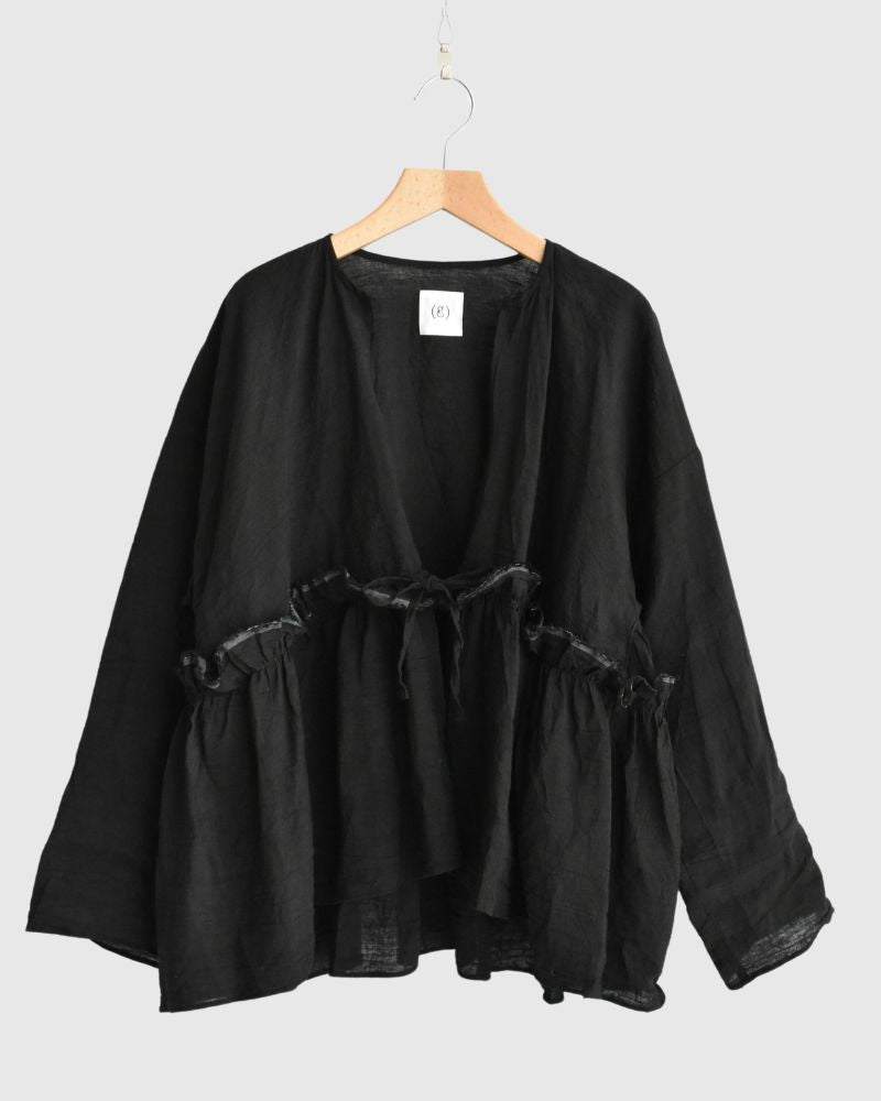 Linen Gathered Ribbon Coverall in Black