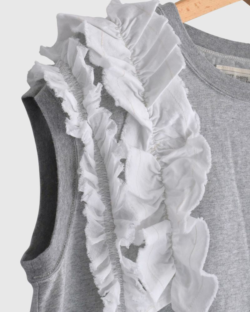 Vintage Cotton Jersey Frill Sleeveless Tee in Gray