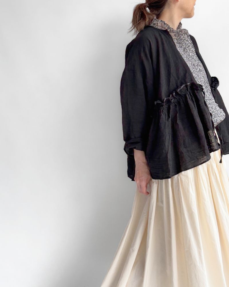 Linen Gathered Ribbon Coverall in Black