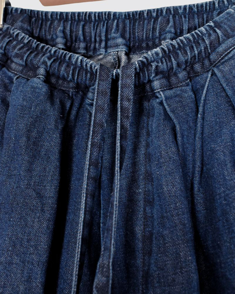 Cotton Linen Denim Tuck Pants in Stone Wash