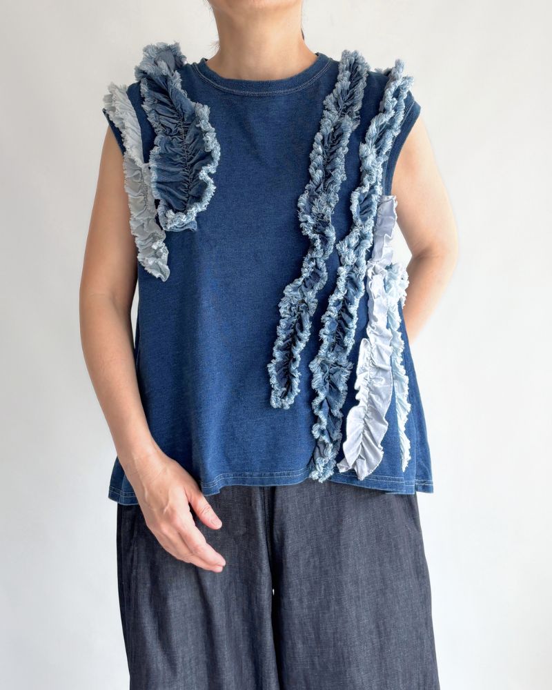 Vintage Cotton Jersey Frill Sleeveless Tee in Navy Vintage Cotton Jersey Frill Sleeveless Tee in Navy
