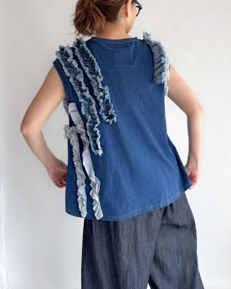 Vintage Cotton Jersey Frill Sleeveless Tee in Navy