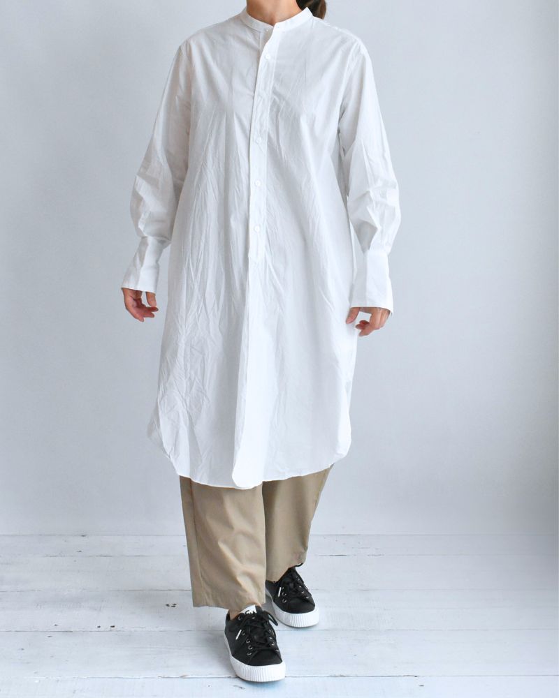 Typewriter Band Collar Shirt Dress in White