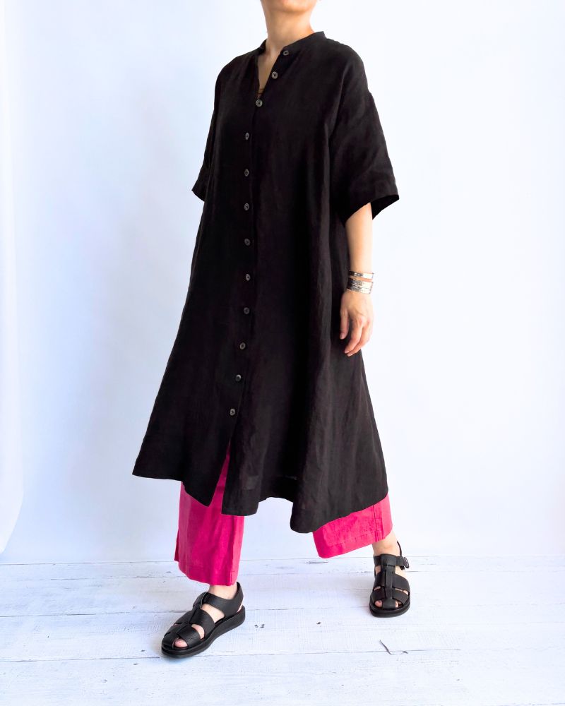 Band collar shirt dress in Black