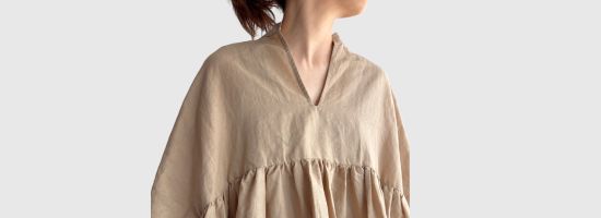 【Veritecoeur】Linen cotton gathered dress in Beige