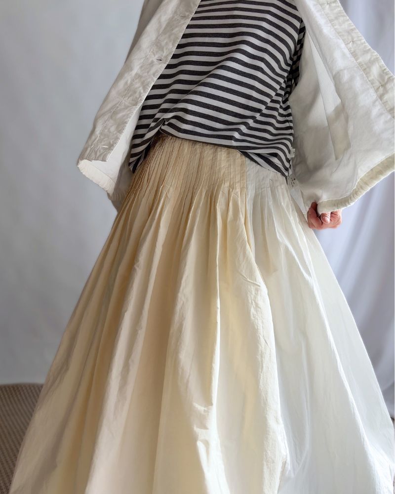 【maison de soil】40s ORGANIC POPLIN(PATCHWORK) PINTUCK FLARED SKIRT WITH CRAZY PATCH WORK