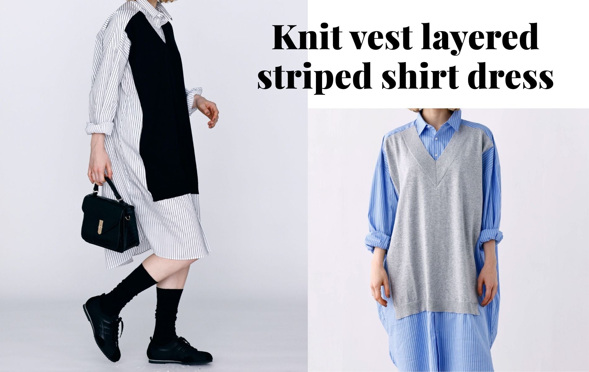 【KELEN】Knit vest layered striped shirt dress 'APOLU'