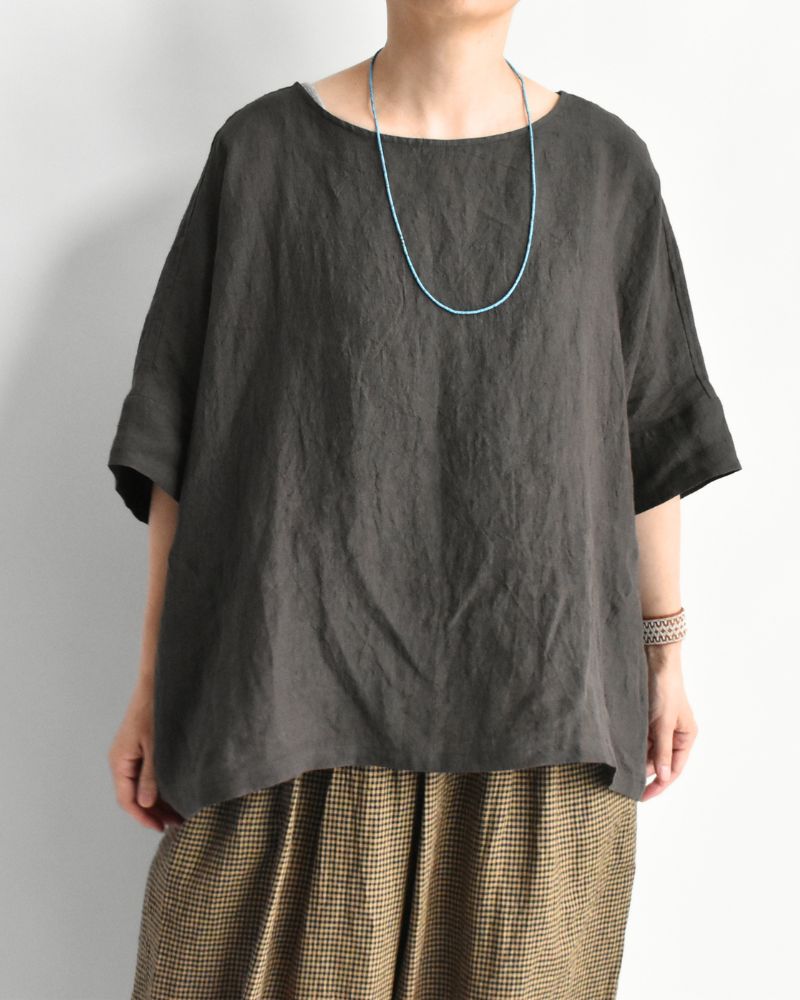Boat Neck Wide Blouse (Linen) in Brown