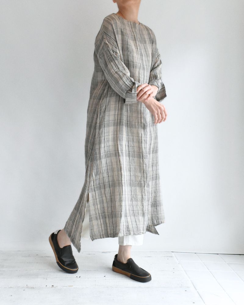 Linen Check Dress in Natural