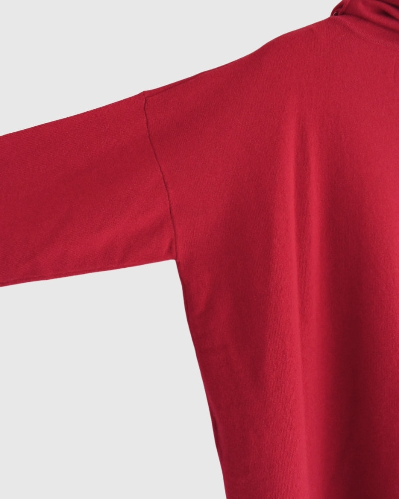 12GG Plain Stitch Drop Shoulder Polo Neck with Slit in Red