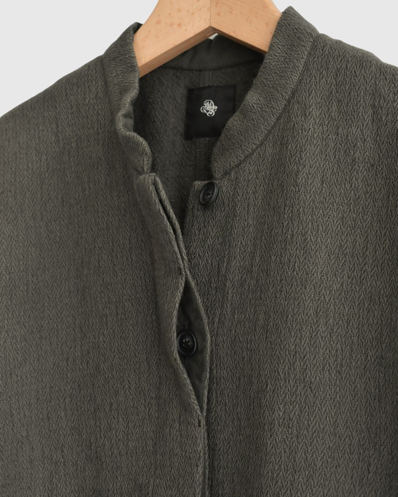 STAND COLLAR FLY FRONT JACKET in Olive