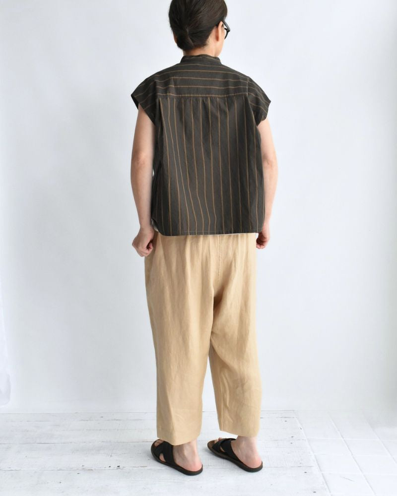 SMILE-W French sleeve blouse with scarf in BrownStripe