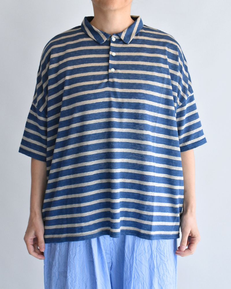 Linen Jersey Border Polo Shirt in Blue/Natural
