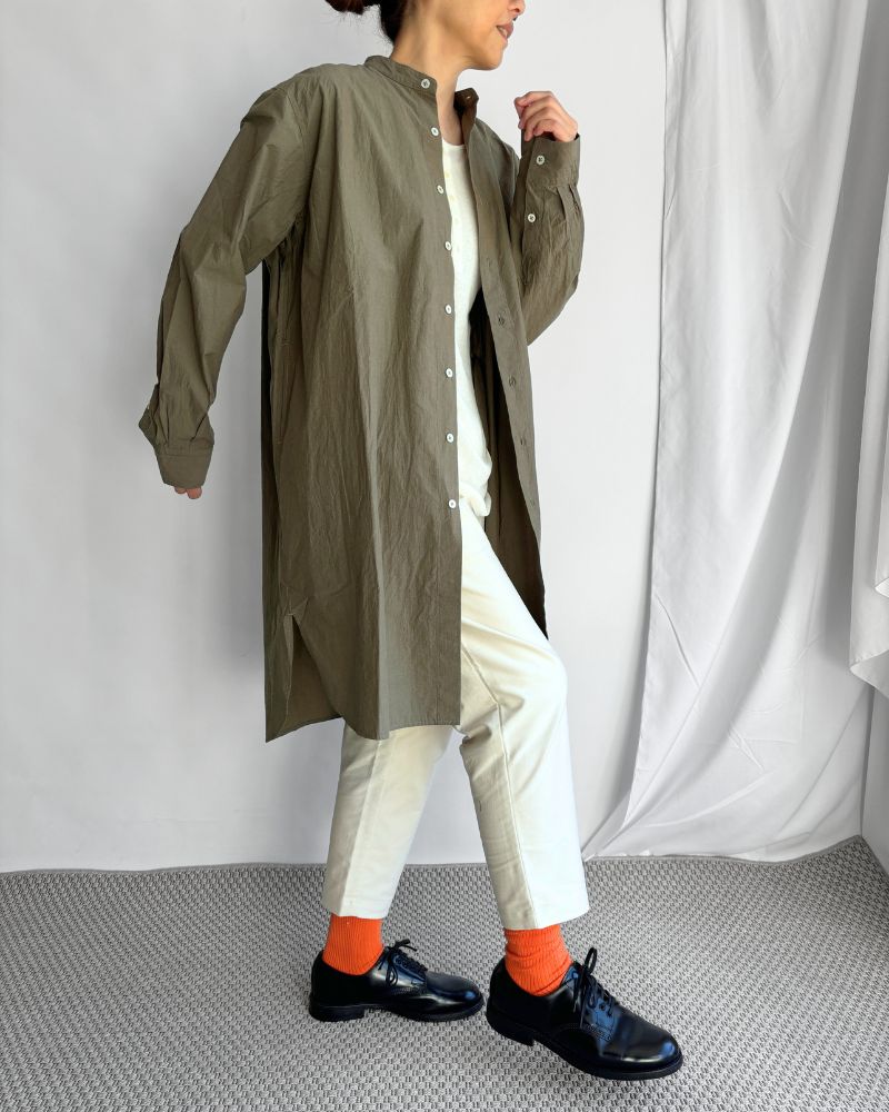 Band Collar Long Shirt in Khaki