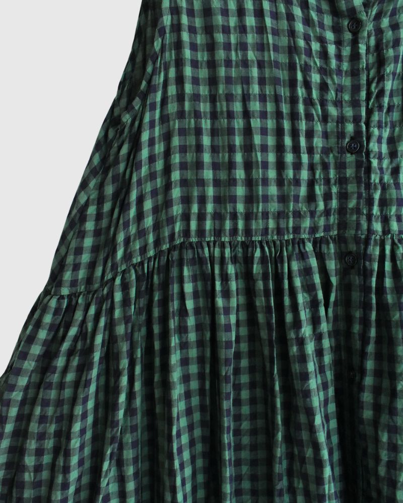 Block Check Sleeveless Gathered Dress in Green