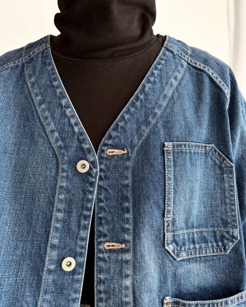 Collarless denim coverall in Denim